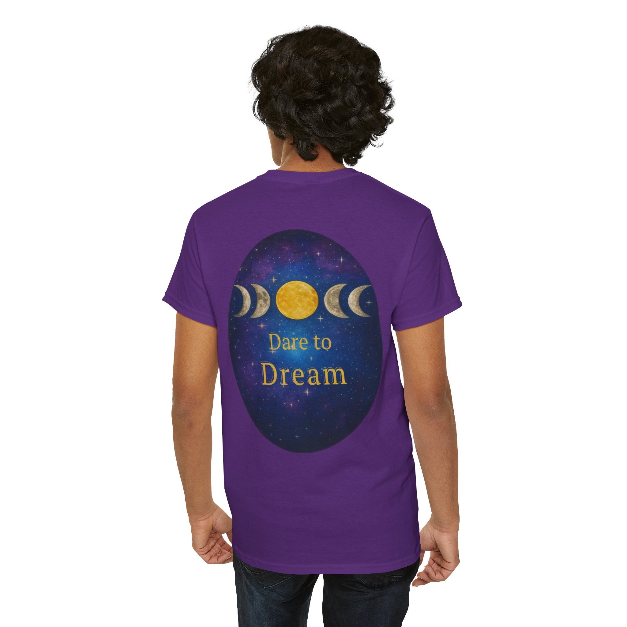 Dare to Dream Moon-Phase Tee – Golden Full Moon Back Print + Front Badge | Gildan 5000 Heavy Cotton, Inspirational and Motivational Apparel, Gift for Dreamers, Creative Expression Wear