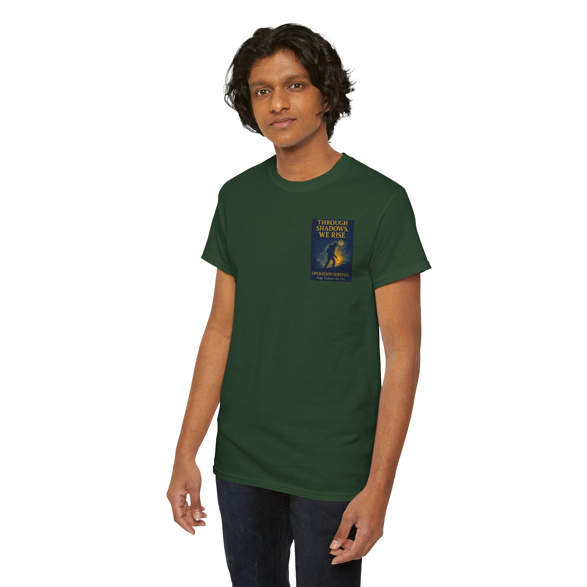 Through Shadows, We Rise - Back-print Cinematic Artwork Operation Survival Tee. Inspirational and Motivational Apparel, Gift for Dreamers, Creative Expression Wear