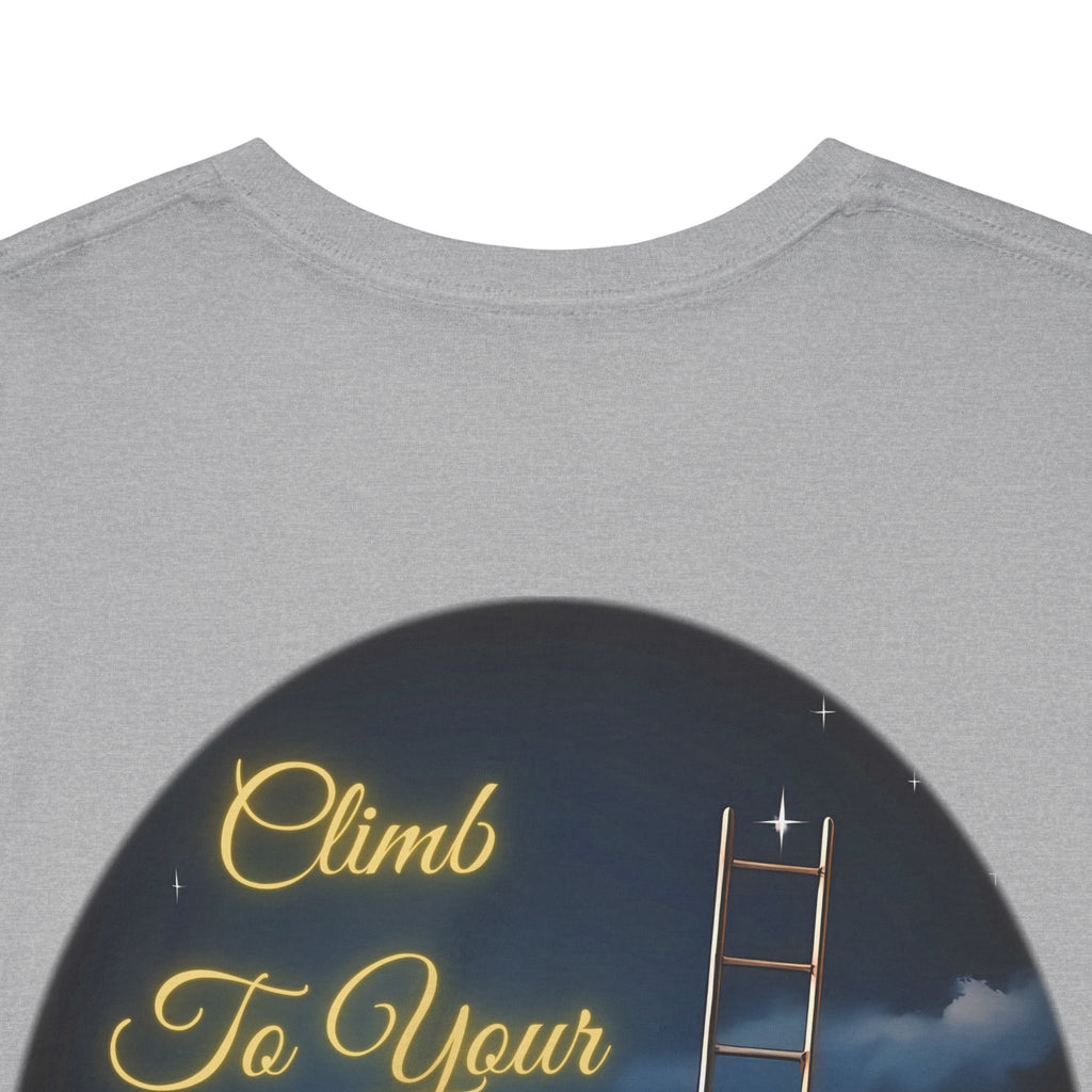 Climb To Your Dreams – Starry Night Ladder Back-Print Tee + Front Badge | Gildan 5000, Inspirational and Motivational Apparel, Gift for Dreamers, Creative Expression Wear
