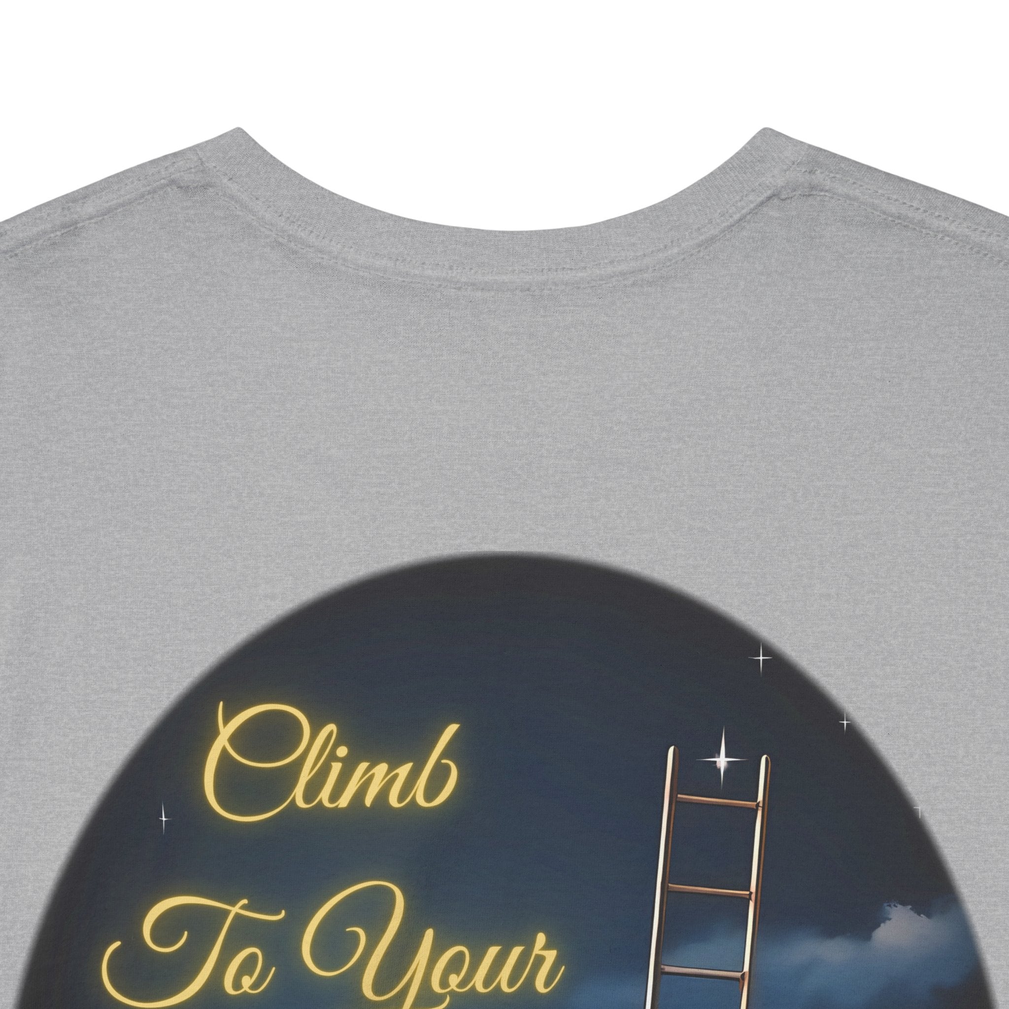 Climb To Your Dreams – Starry Night Ladder Back-Print Tee + Front Badge | Gildan 5000, Inspirational and Motivational Apparel, Gift for Dreamers, Creative Expression Wear
