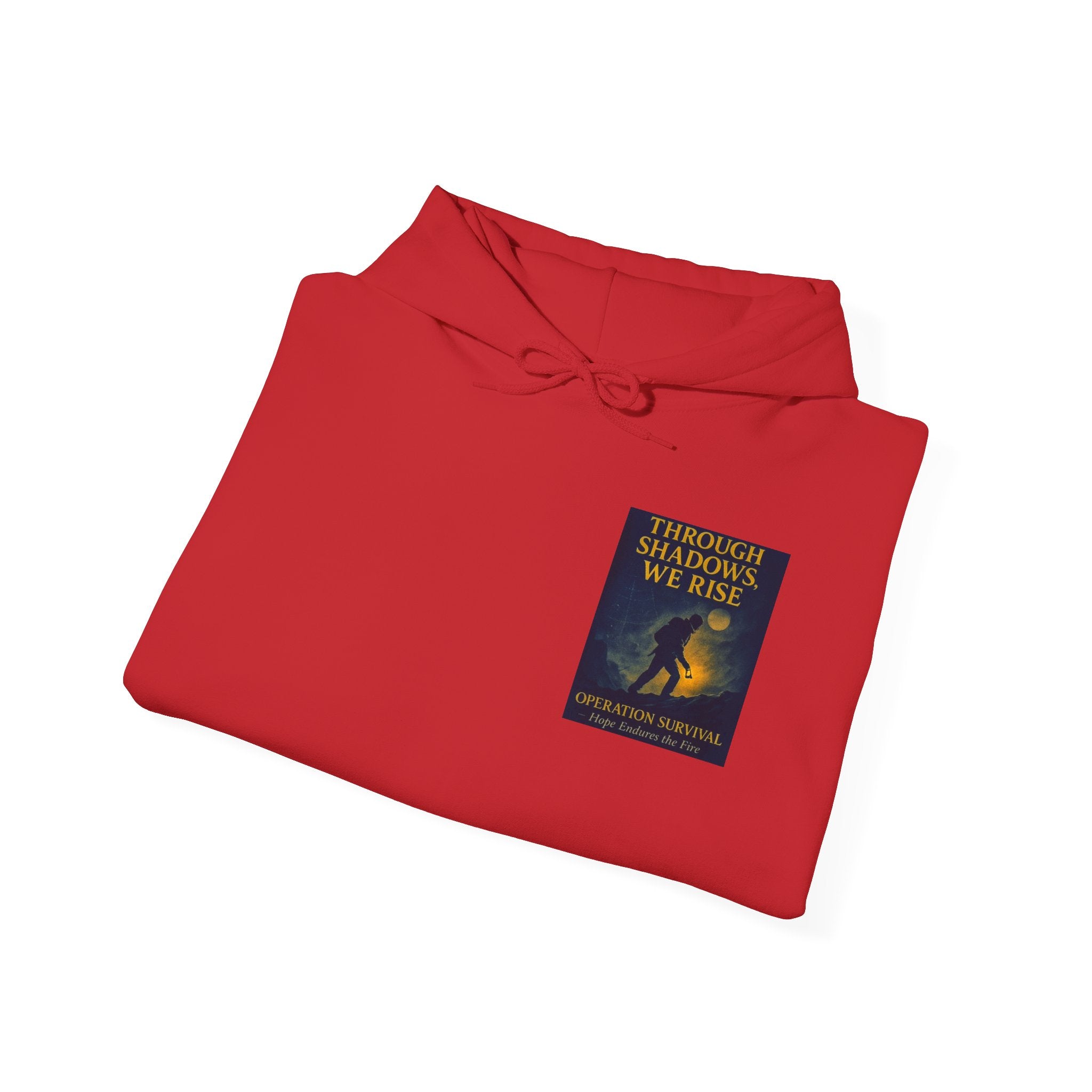 Through Shadows, We Rise – Back-print Cinematic Artwork Operation Survival Hoodie  | Gildan Heavy Blend™ 18500 — Inspirational and Motivational Apparel, Gift for Dreamers, Creative Expression Wear