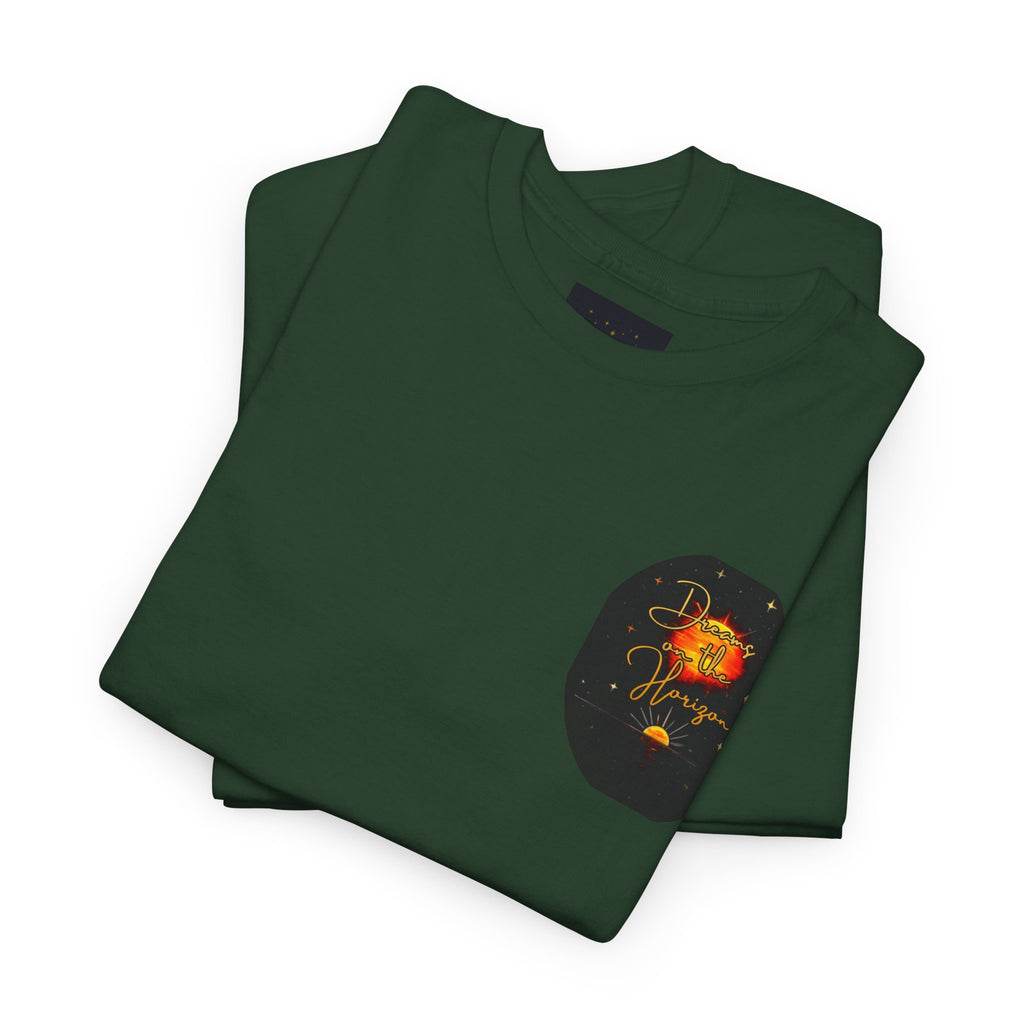 Dreams on the Horizon – Sunrise Back-Print Heavy Cotton Tee, Inspirational and Motivational Apparel, Gift for Dreamers, Creative Expression Wear