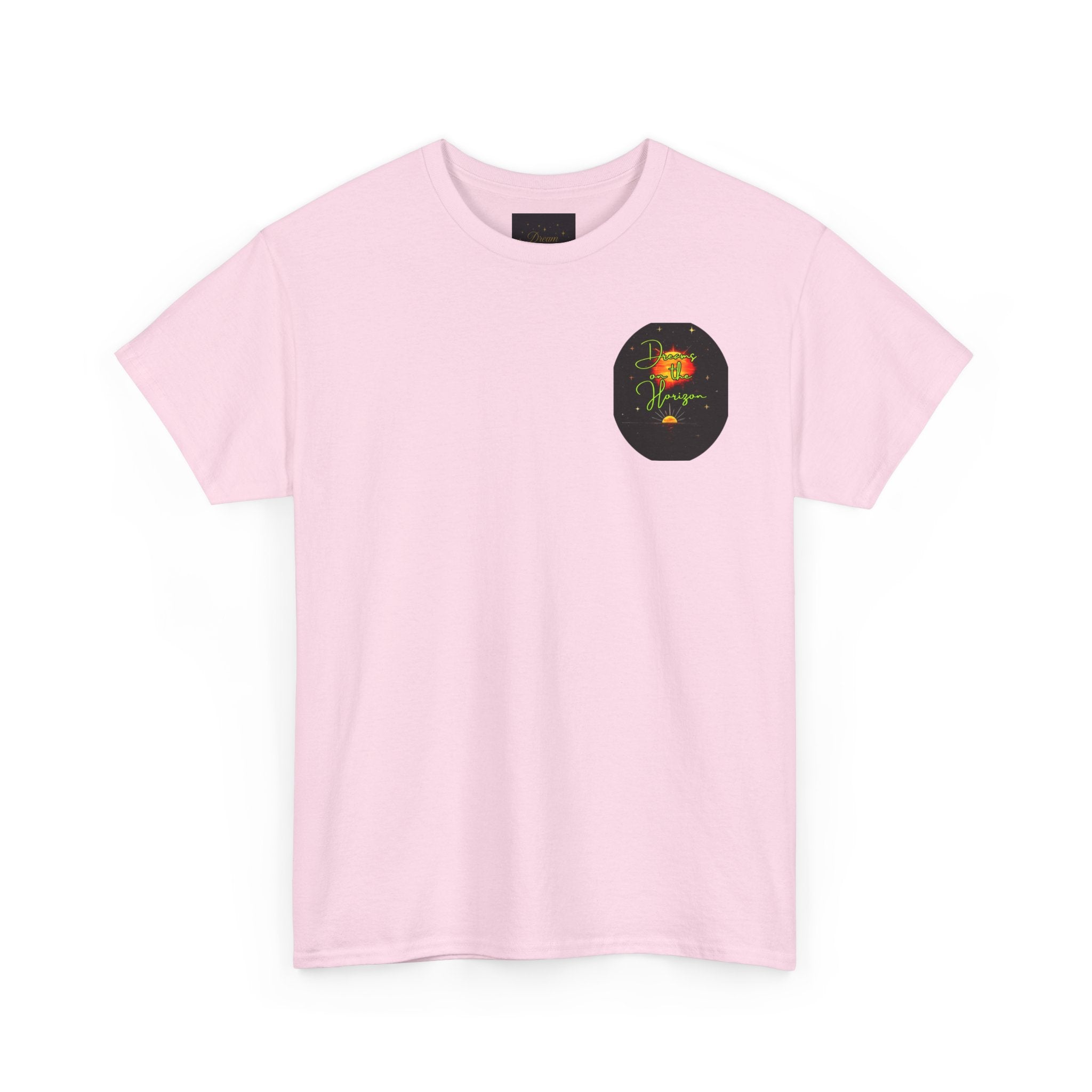 Dreams on the Horizon (Lemongrass) – Sunrise Back-Print Heavy Cotton Tee, Inspirational and Motivational Apparel, Gift for Dreamers, Creative Expression Wear