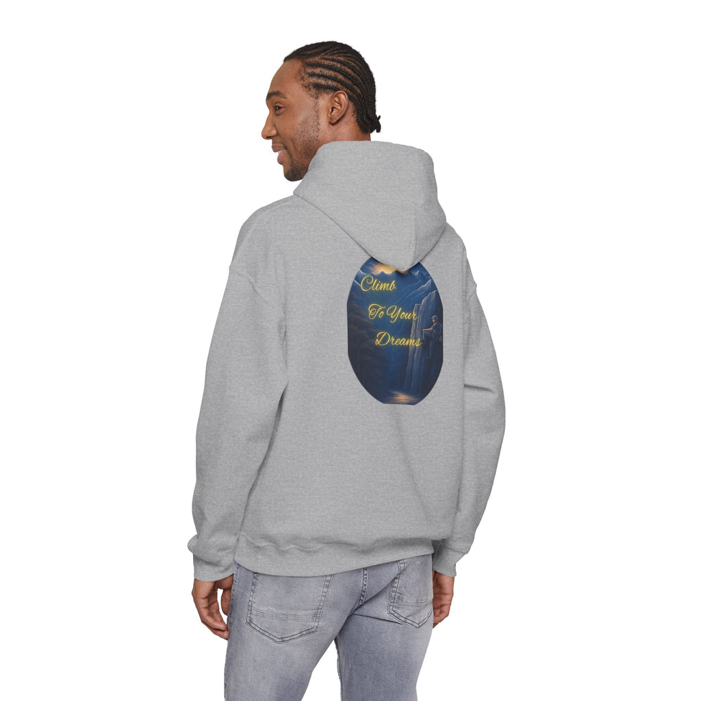 Climb To Your Dreams - Mountain Sunrise Hoodie | Back Glow Print + Front Badge | Heavy Blend™, Inspirational and Motivational Apparel, Gift for Dreamers, Creative Expression Wear