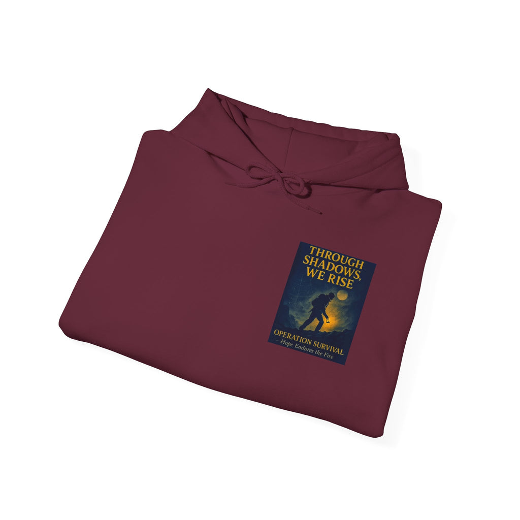 Through Shadows, We Rise – Back-print Cinematic Artwork Operation Survival Hoodie  | Gildan Heavy Blend™ 18500 — Inspirational and Motivational Apparel, Gift for Dreamers, Creative Expression Wear