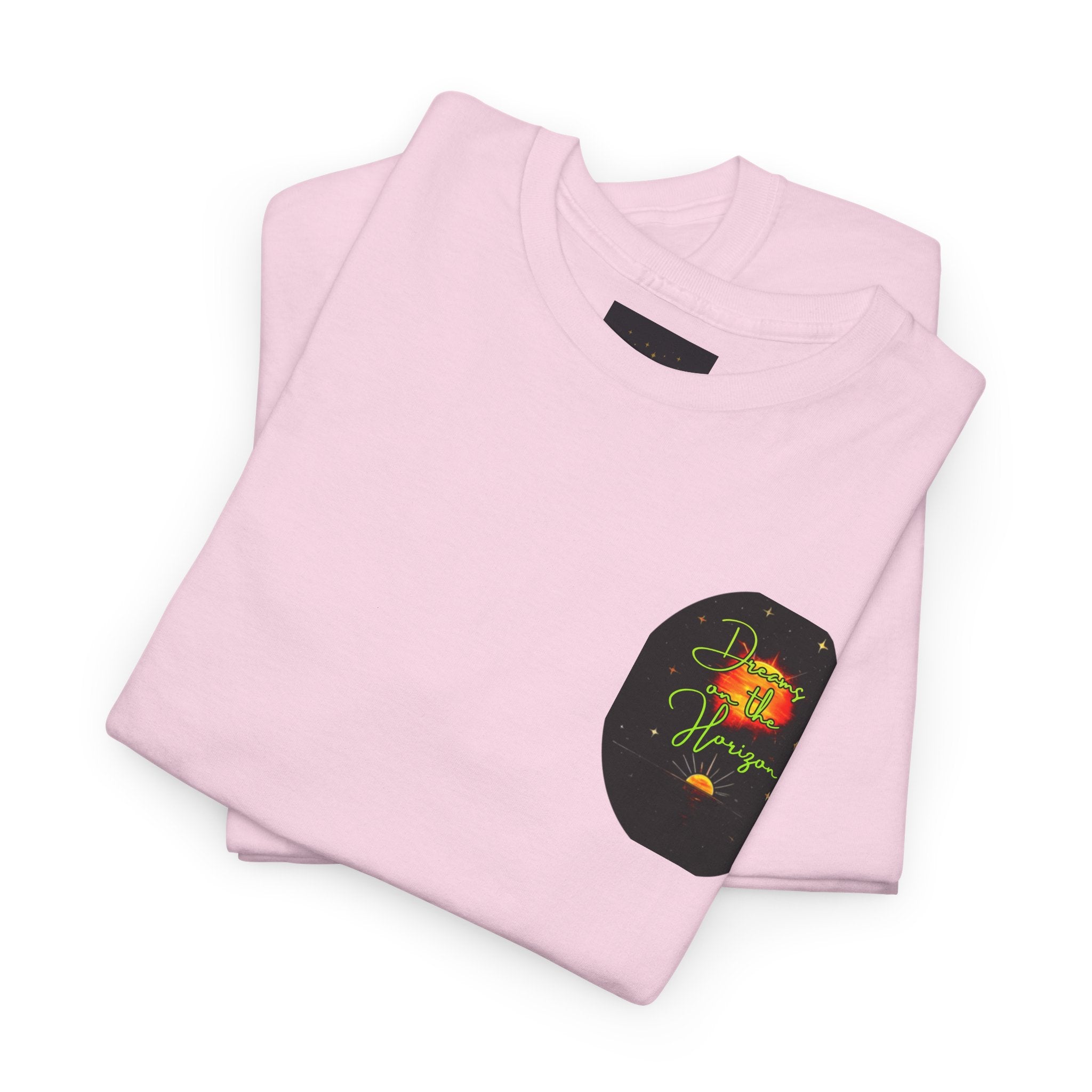 Dreams on the Horizon (Lemongrass) – Sunrise Back-Print Heavy Cotton Tee, Inspirational and Motivational Apparel, Gift for Dreamers, Creative Expression Wear