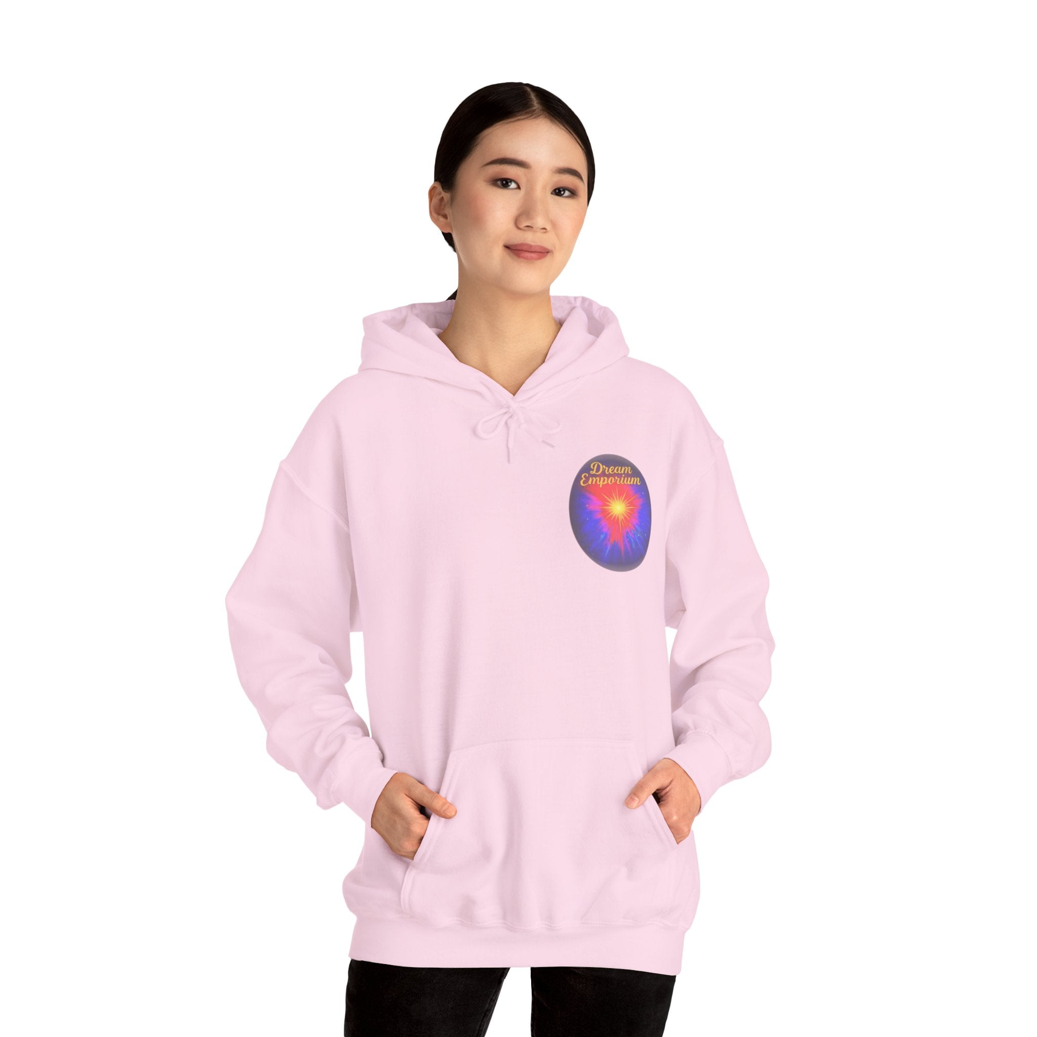 Dream Emporium – Back Printed Radiant Starburst Heavy Blend™ Hooded Sweatshirt, Inspirational and Motivational Apparel, Gift for Dreamers, Creative Expression Wear