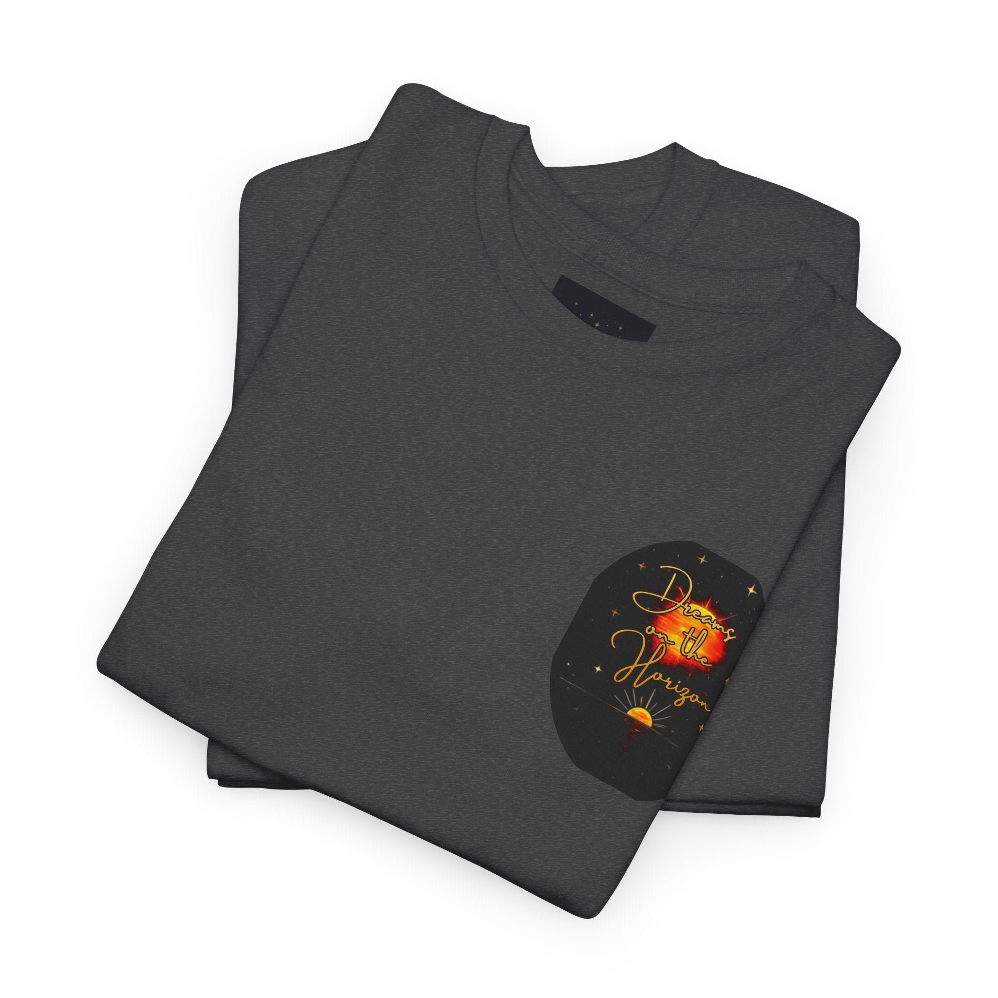 Dreams on the Horizon – Sunrise Back-Print Heavy Cotton Tee, Inspirational and Motivational Apparel, Gift for Dreamers, Creative Expression Wear