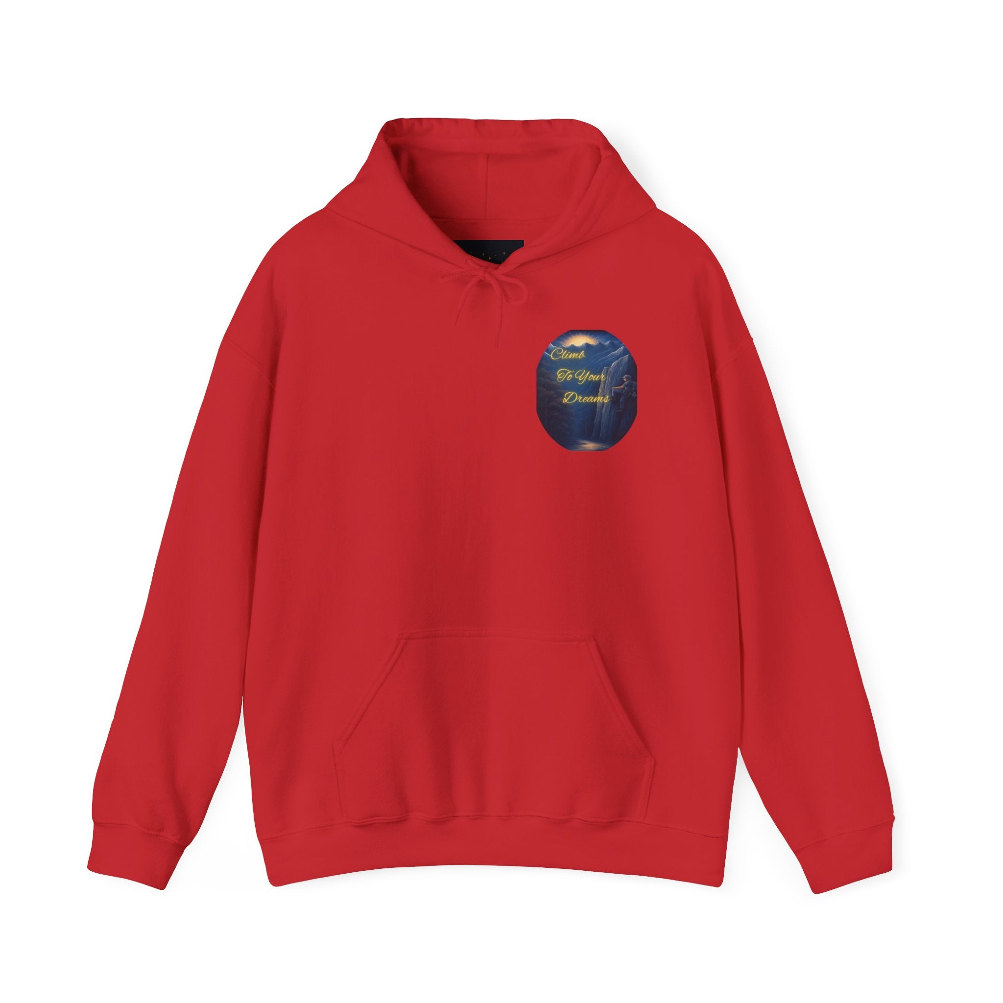 Climb To Your Dreams - Mountain Sunrise Hoodie | Back Glow Print + Front Badge | Heavy Blend™, Inspirational and Motivational Apparel, Gift for Dreamers, Creative Expression Wear