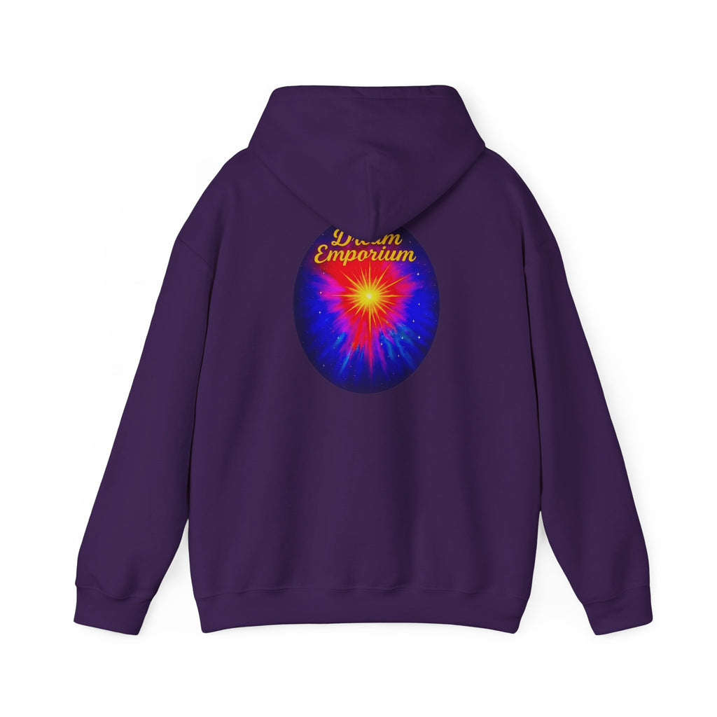 Dream Emporium – Back Printed Radiant Starburst Heavy Blend™ Hooded Sweatshirt, Inspirational and Motivational Apparel, Gift for Dreamers, Creative Expression Wear
