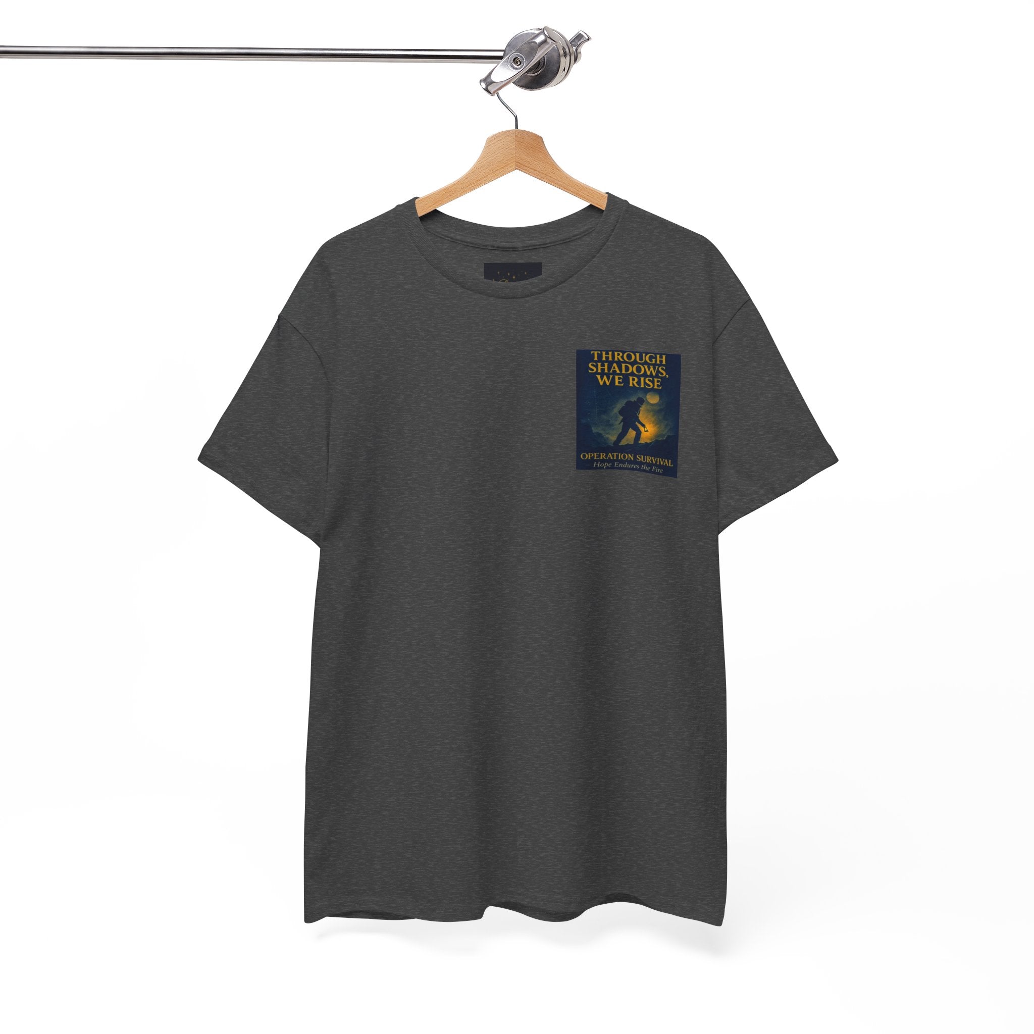 Through Shadows, We Rise - Back-print Cinematic Artwork Operation Survival Tee. Inspirational and Motivational Apparel, Gift for Dreamers, Creative Expression Wear