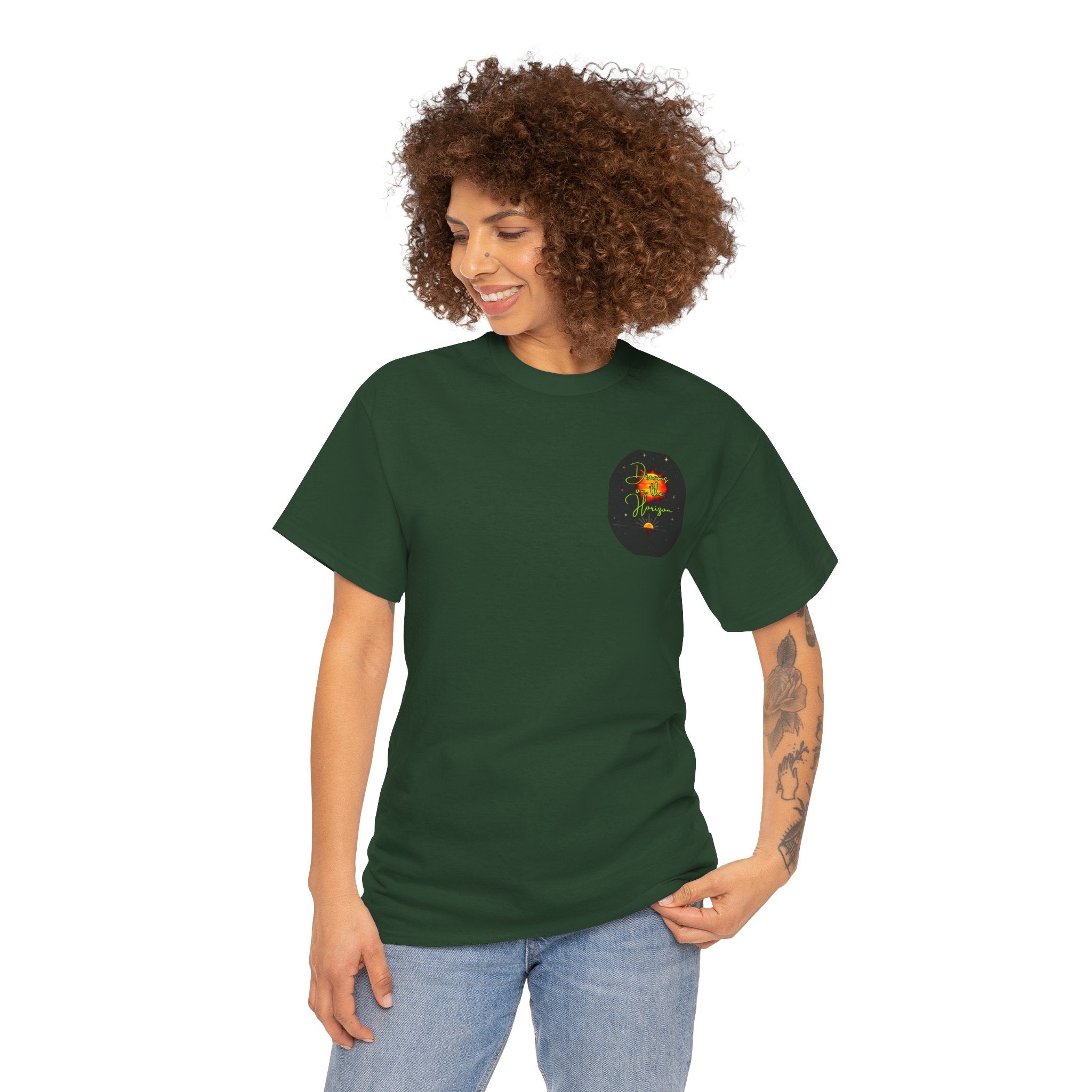 Dreams on the Horizon (Lemongrass) – Sunrise Back-Print Heavy Cotton Tee, Inspirational and Motivational Apparel, Gift for Dreamers, Creative Expression Wear