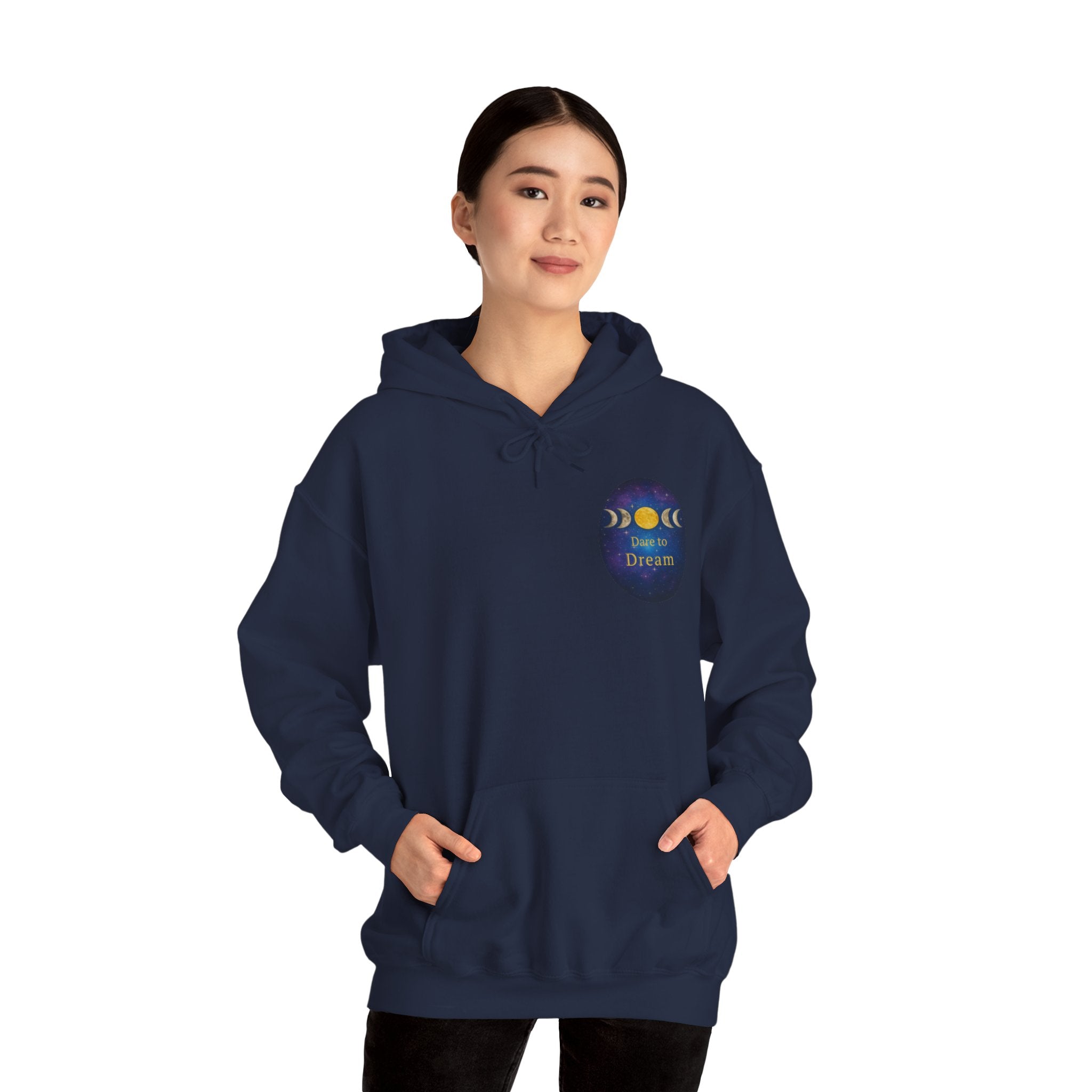 Dare to Dream Moon-Phase Hoodie | Back Glow Print + Front Badge | Heavy Blend™, Inspirational and Motivational Apparel, Gift for Dreamers, Creative Expression Wear
