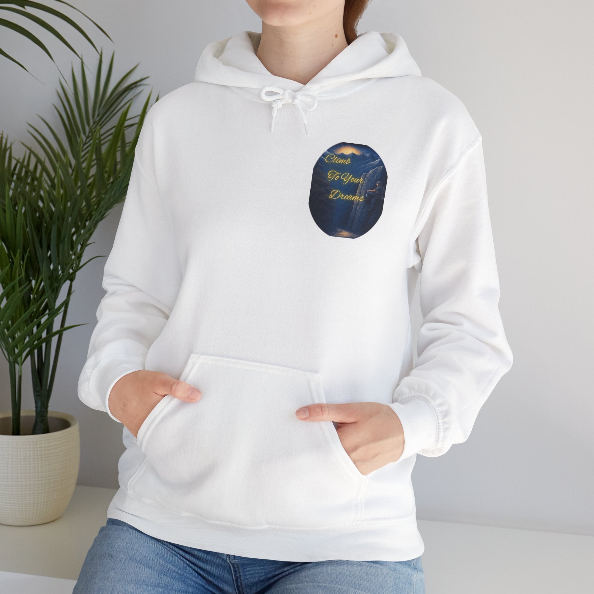 Climb To Your Dreams - Mountain Sunrise Hoodie | Back Glow Print + Front Badge | Heavy Blend™, Inspirational and Motivational Apparel, Gift for Dreamers, Creative Expression Wear