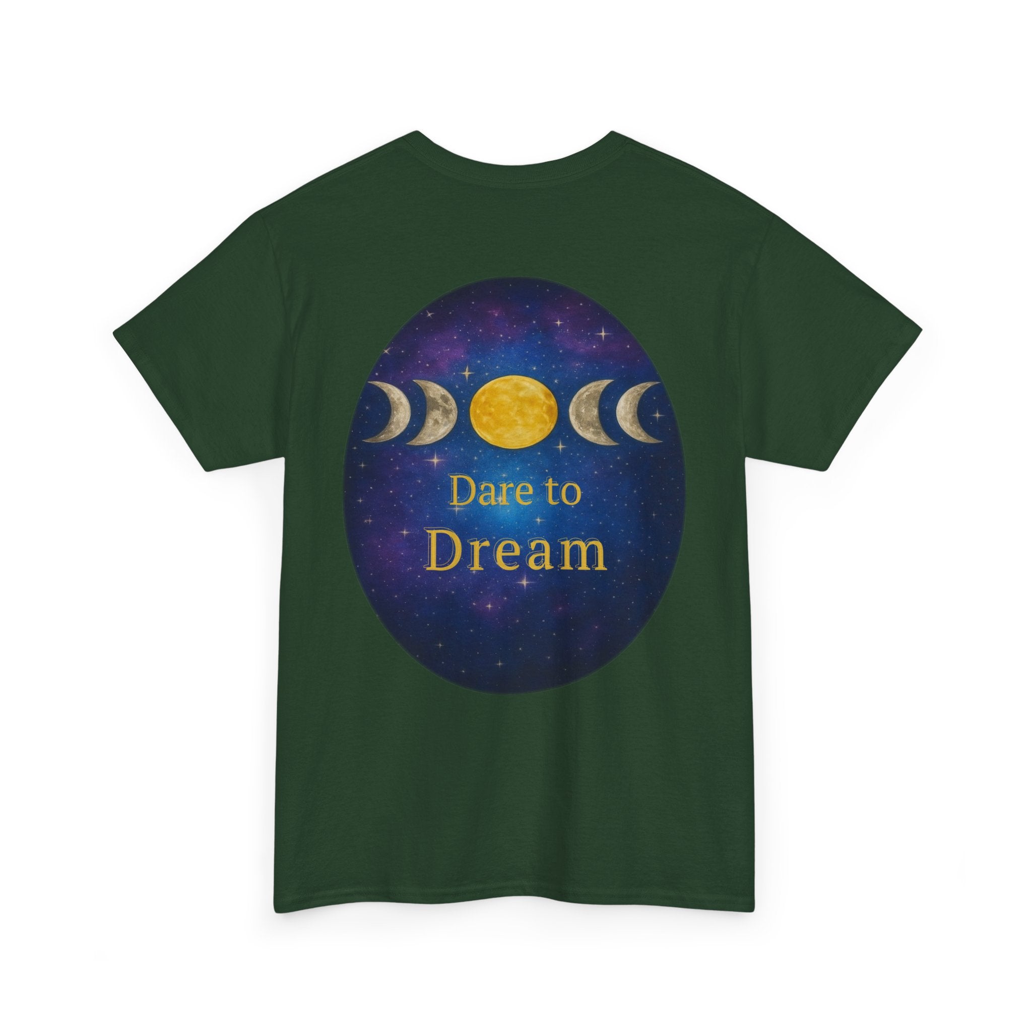 Dare to Dream Moon-Phase Tee – Golden Full Moon Back Print + Front Badge | Gildan 5000 Heavy Cotton, Inspirational and Motivational Apparel, Gift for Dreamers, Creative Expression Wear