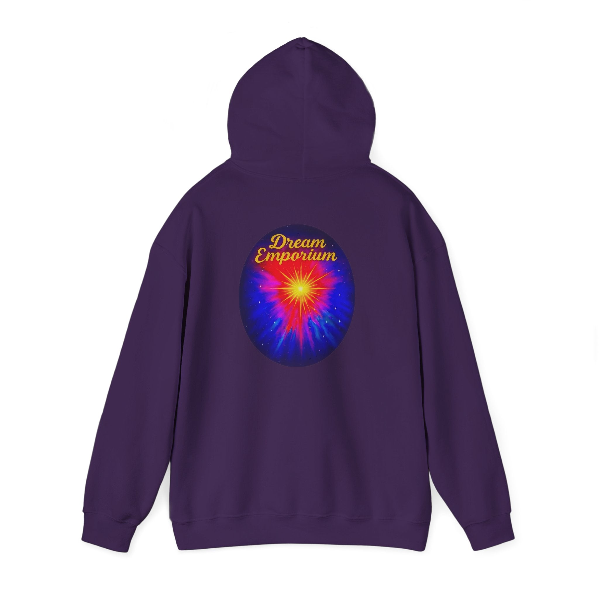 Dream Emporium – Back Printed Radiant Starburst Heavy Blend™ Hooded Sweatshirt, Inspirational and Motivational Apparel, Gift for Dreamers, Creative Expression Wear