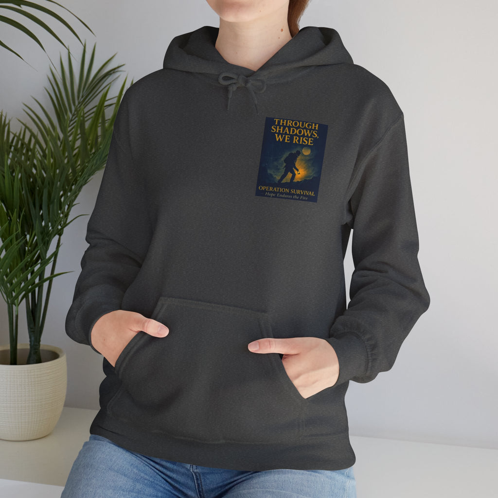 Through Shadows, We Rise – Back-print Cinematic Artwork Operation Survival Hoodie  | Gildan Heavy Blend™ 18500 — Inspirational and Motivational Apparel, Gift for Dreamers, Creative Expression Wear