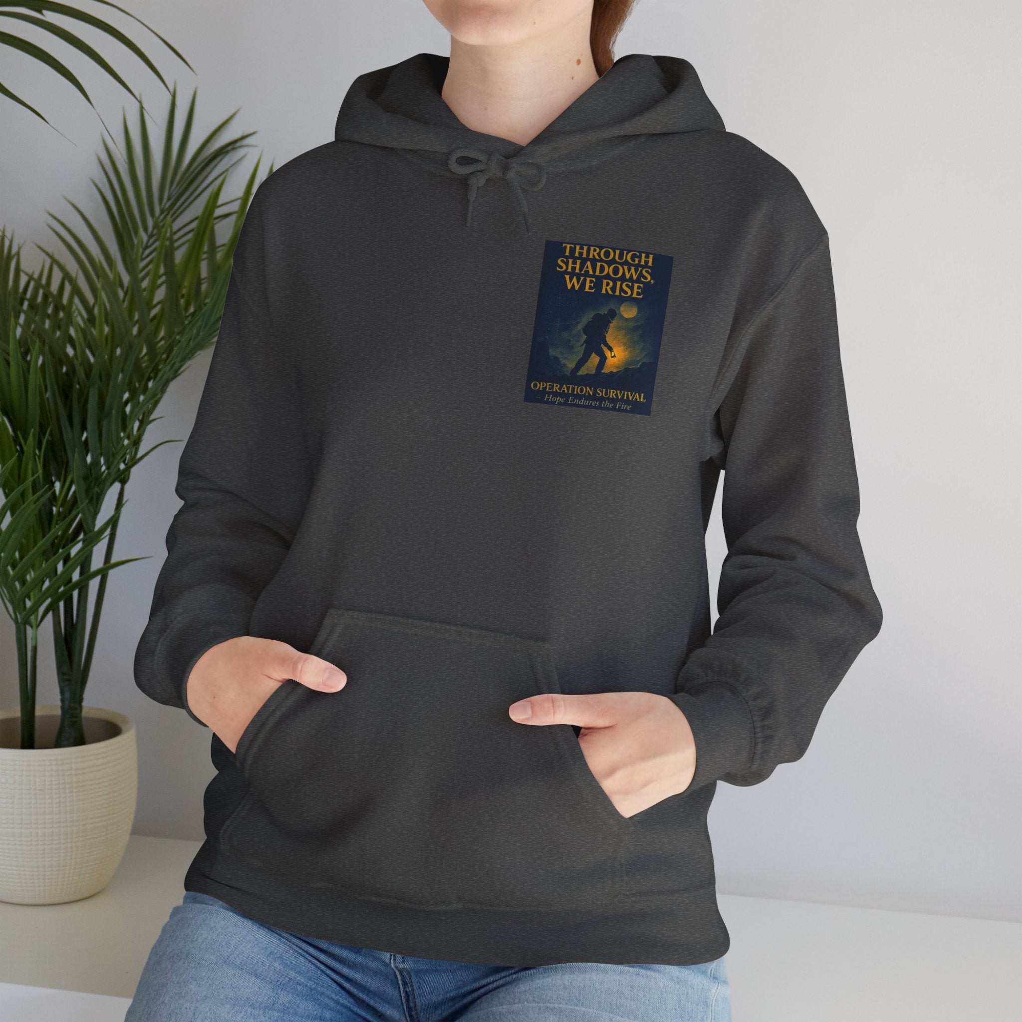 Through Shadows, We Rise – Back-print Cinematic Artwork Operation Survival Hoodie  | Gildan Heavy Blend™ 18500 — Inspirational and Motivational Apparel, Gift for Dreamers, Creative Expression Wear