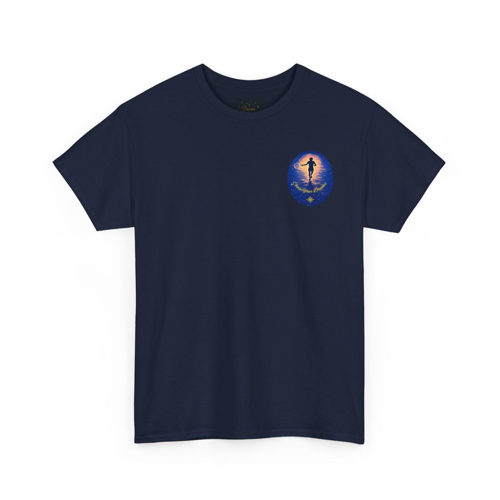 Chase Your Dreams – Sunrise Silhouette Back Printed Heavy Cotton Tee, Inspirational and Motivational Apparel, Gift for Dreamers, Creative Expression Wear