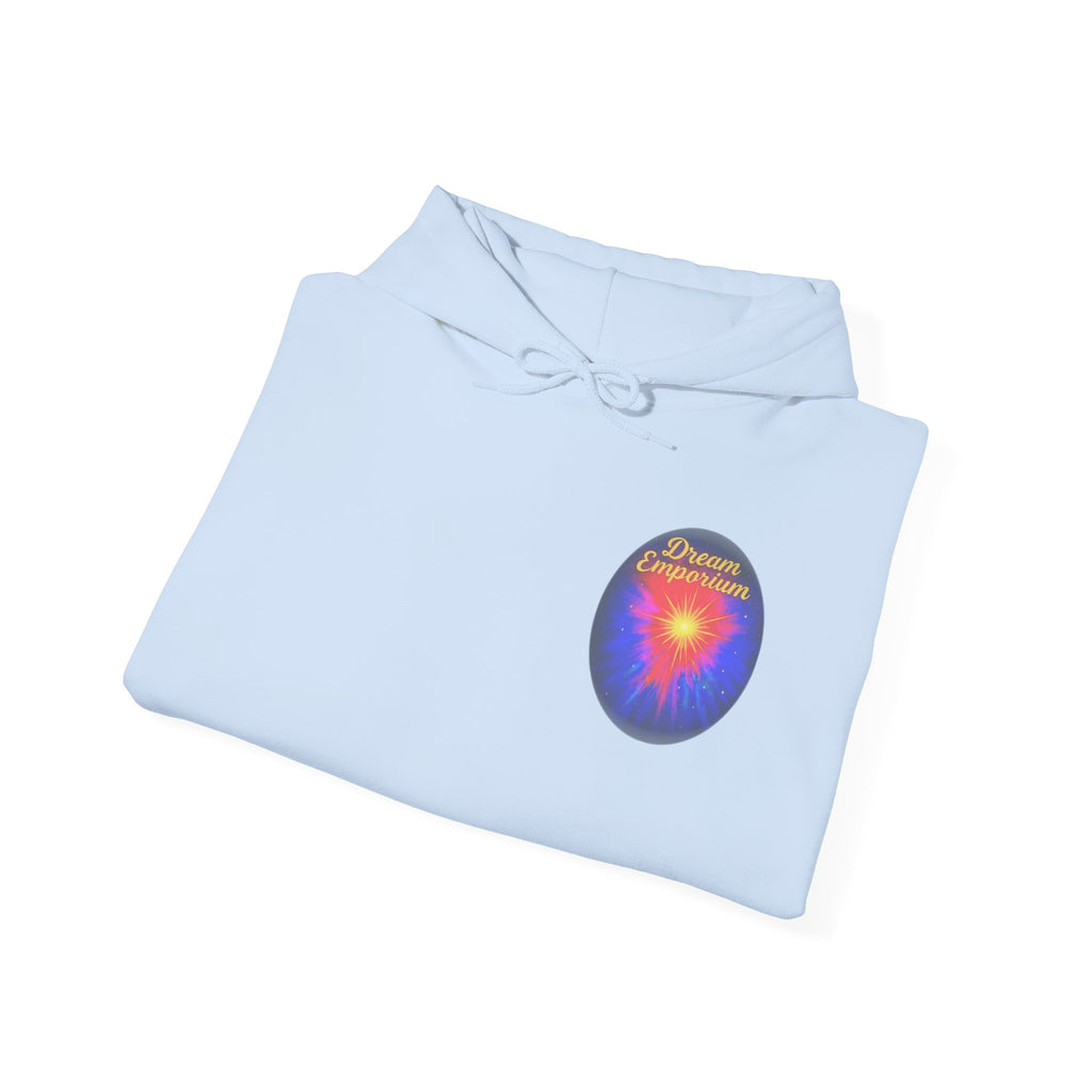 Dream Emporium – Back Printed Radiant Starburst Heavy Blend™ Hooded Sweatshirt, Inspirational and Motivational Apparel, Gift for Dreamers, Creative Expression Wear