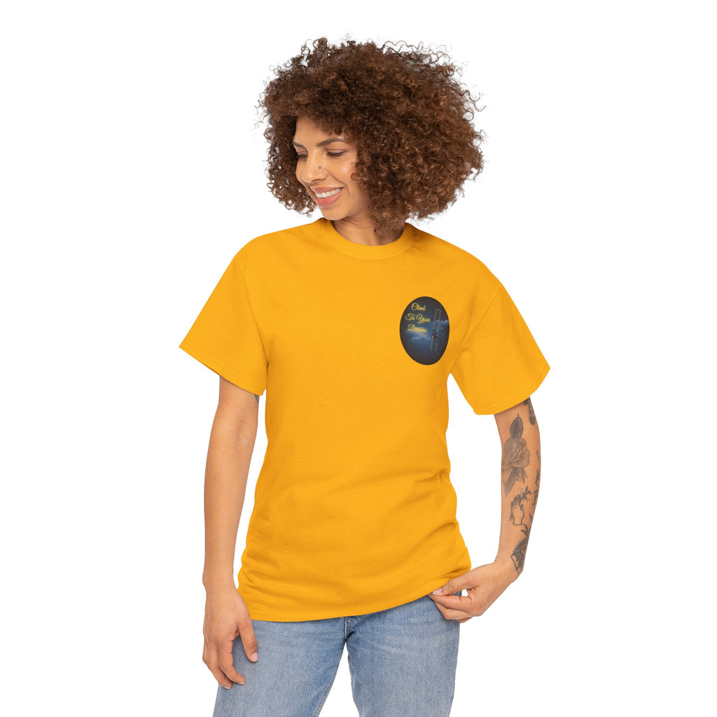 Climb To Your Dreams – Starry Night Ladder Back-Print Tee + Front Badge | Gildan 5000, Inspirational and Motivational Apparel, Gift for Dreamers, Creative Expression Wear