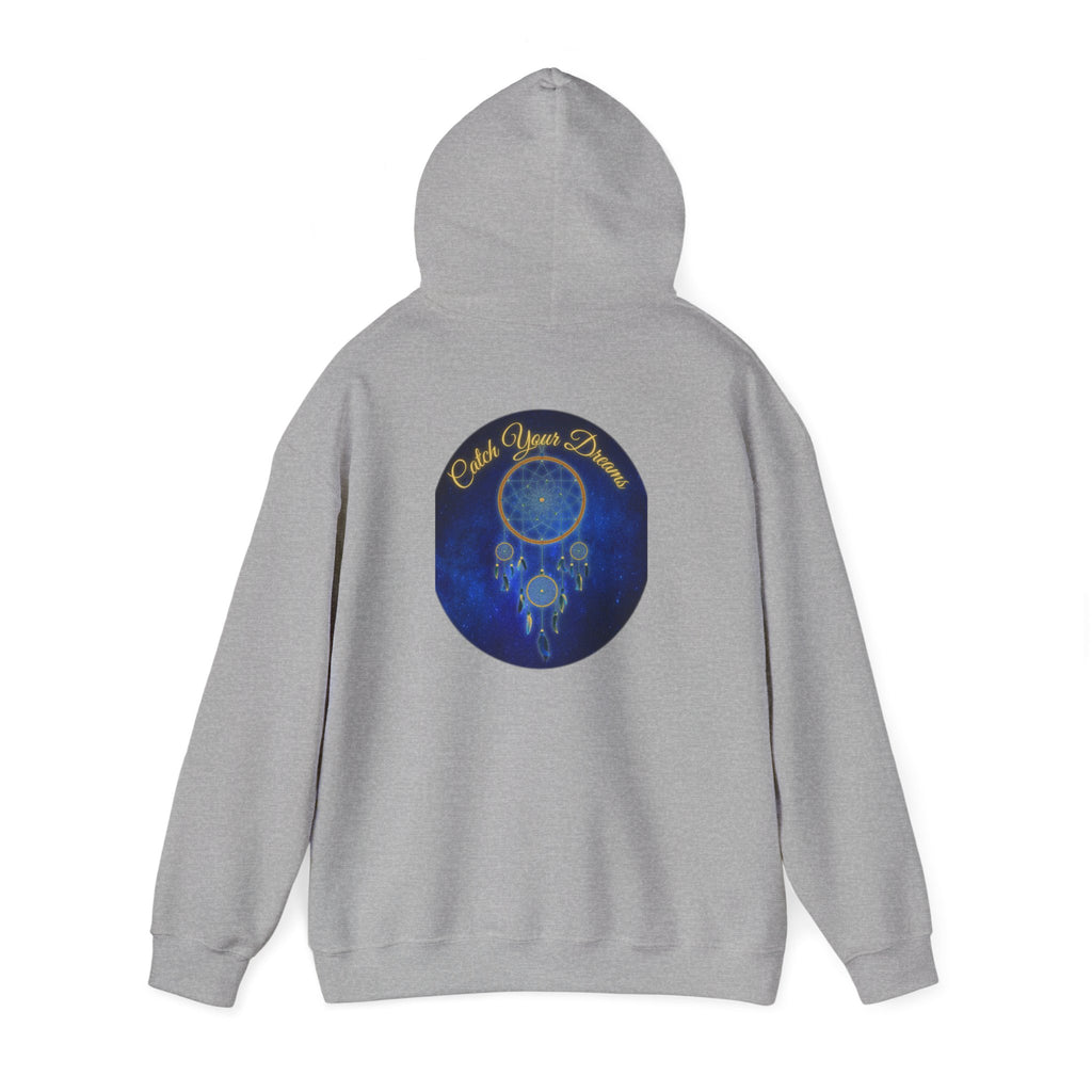 Catch Your Dream – Dreamcatcher Back Print Hooded Sweatshirt, Inspirational and Motivational Apparel, Gift for Dreamers, Creative Expression Wear