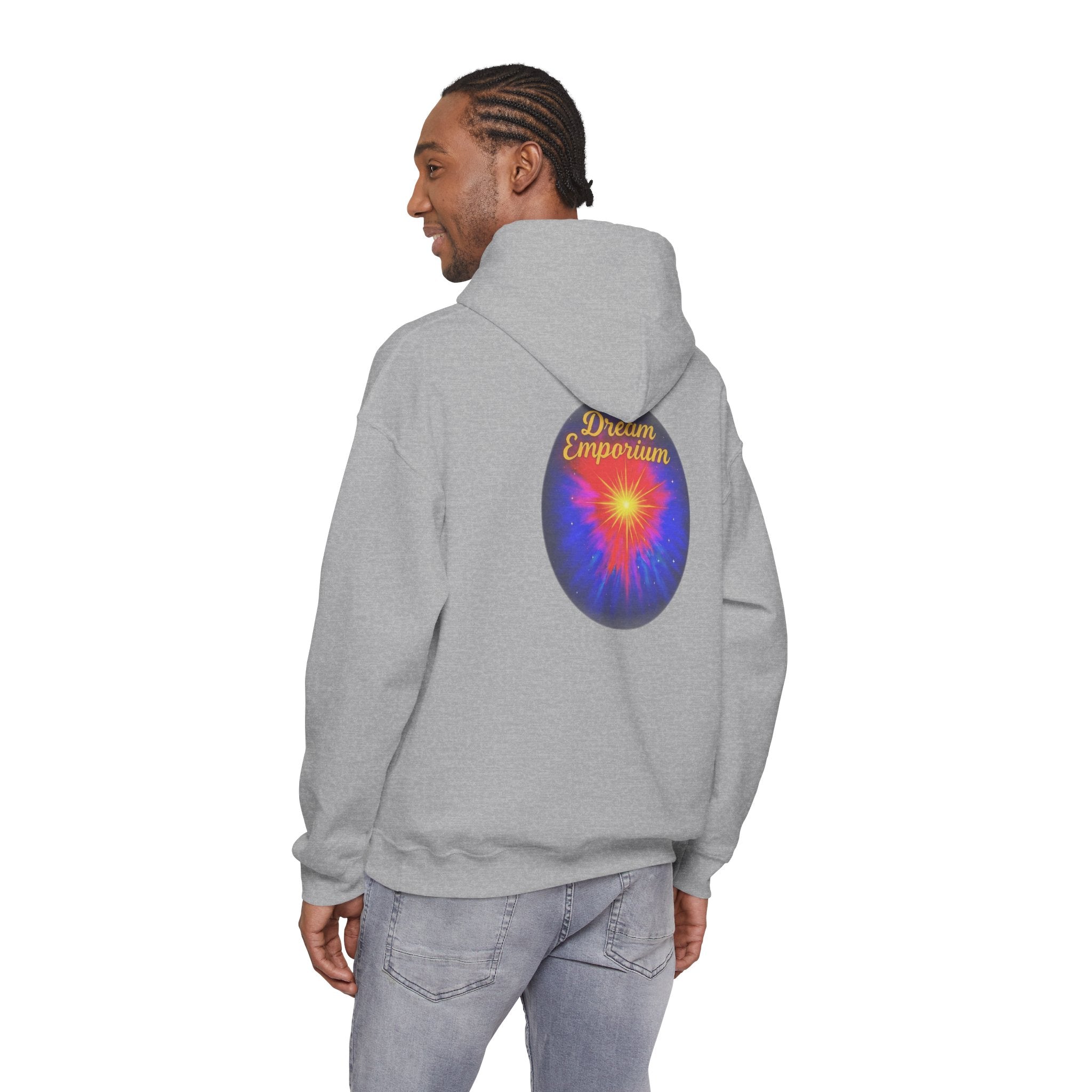 Dream Emporium – Back Printed Radiant Starburst Heavy Blend™ Hooded Sweatshirt, Inspirational and Motivational Apparel, Gift for Dreamers, Creative Expression Wear