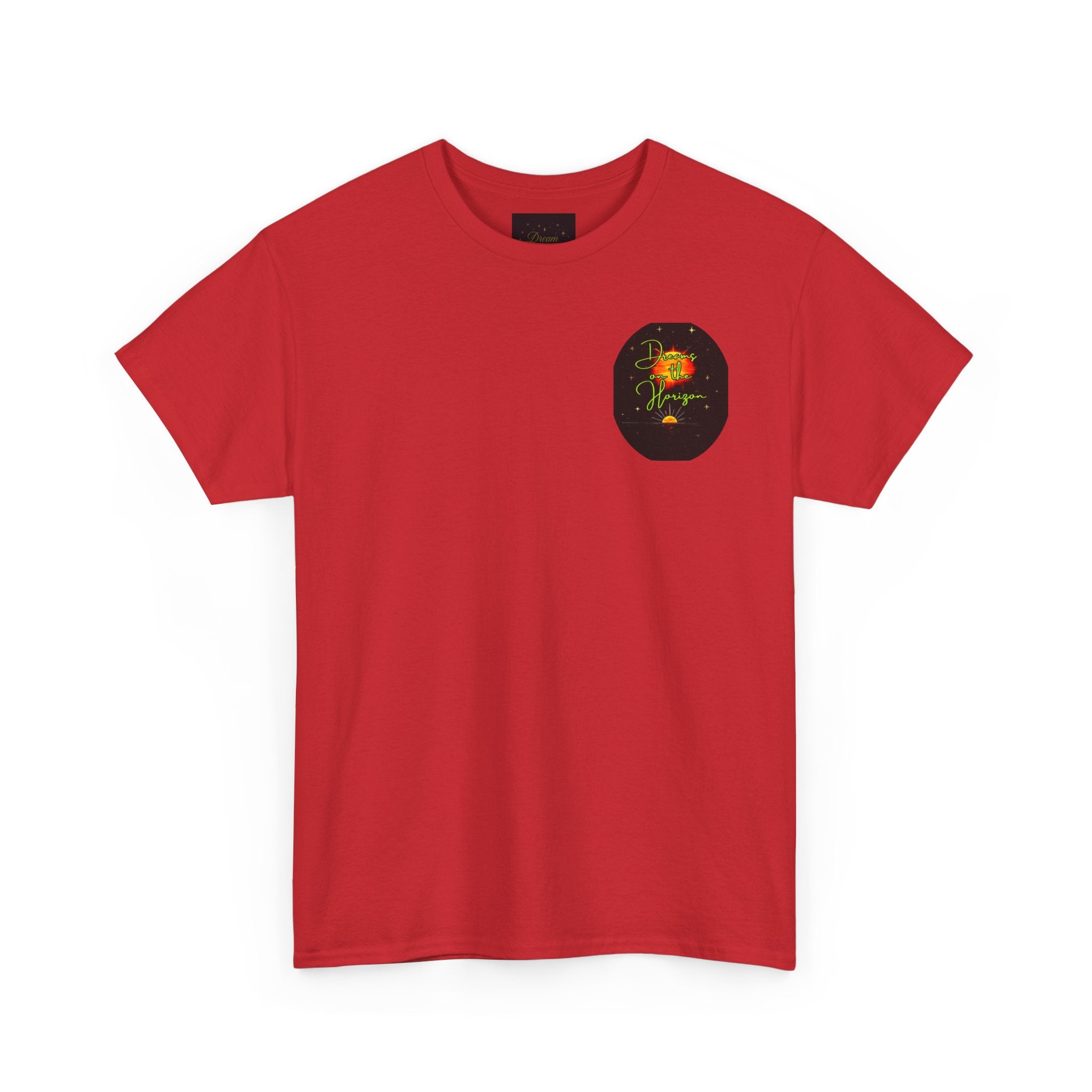 Dreams on the Horizon (Lemongrass) – Sunrise Back-Print Heavy Cotton Tee, Inspirational and Motivational Apparel, Gift for Dreamers, Creative Expression Wear